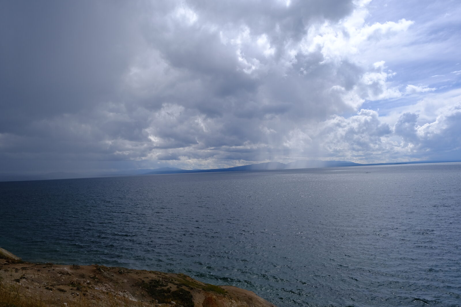 A storm rolling across Yellowstone Lake